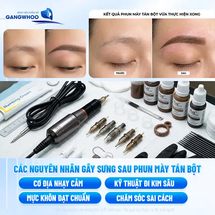 Phun mày tán bột có bị sưng không? Bao lâu thì hết sưng?